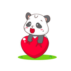Cute panda with big love heart. Adorable kawaii animal concept design. Flat cartoon character. Isolated white background. Vector Art illustration