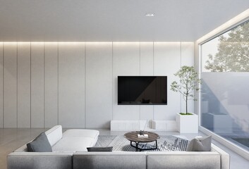 minimal interior of the living room with a white base tone. 3D illustration render