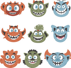 A big group of silly and funny monster faces. Cartoon style.