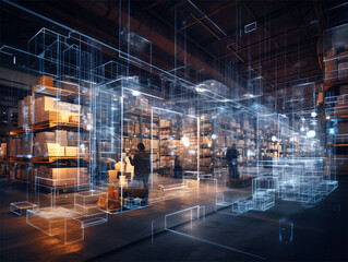 Inside a warehouse with boxes and overlay denoting smart warehouse system. Internet of things and smart supply chain and logistics.