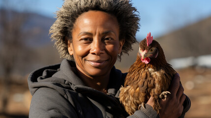African american woman with a chicken in her hands in the countryside.