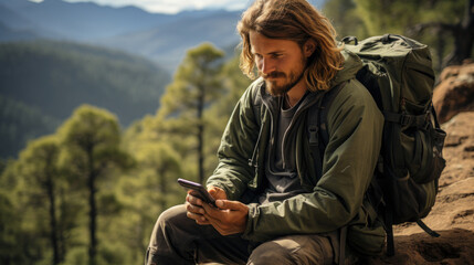 Hiking man using mobile phone while sitting on top of a mountain. - obrazy, fototapety, plakaty