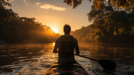 Silhouette of man paddling a kayak on the river at sunset.