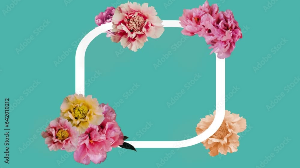 Poster animation of multicolored flower around white frame over wave pattern against blue background