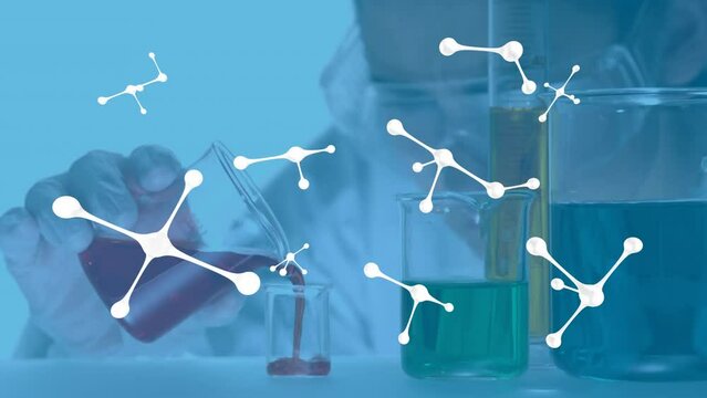 Animation of floating nucleotides over caucasian scientist carefully mixing liquid in small beaker