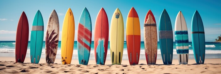 Surfboards on the beach. Panoramic banner. vacation concept. - obrazy, fototapety, plakaty