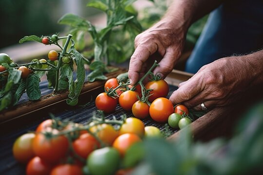 Close-up of hands of senior man harvesting tomatoes in the garden