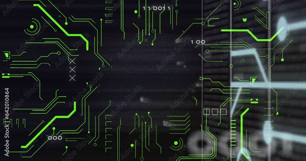 Poster animation of binary codes and circuit board pattern with server racks against black background
