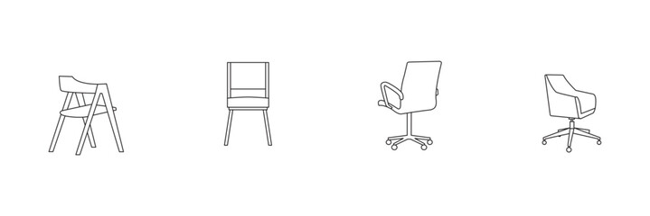 Simple set of office interior employee executive line back chair vector icon design, wooden chairs for work space, modern office armchair set, in outlines, white background. Digital vector 