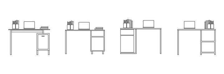 Office workspace desk icon. Computer table with folders and book line and glyph version, linear, filled vector sign and full pictogram. Symbol, logo illustration on white background.