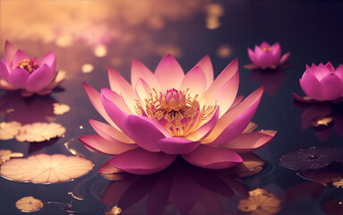 Pink water lily in the pond, Pink lotus in a golden magic pond, generative ai