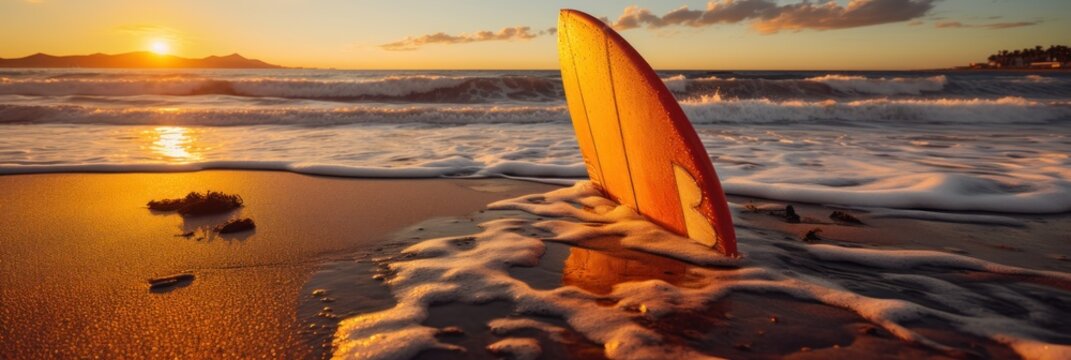 Surfboards on the beach at sunset. Panoramic image
