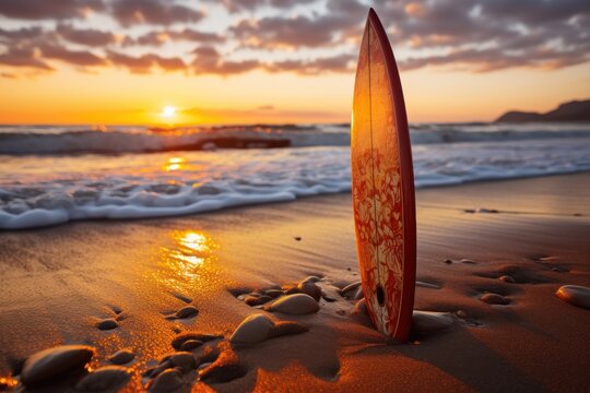Surfboard on the beach at sunset. Beautiful natural background. vacation concept.