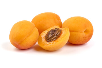 Sweet juicy yellow apricots, ripe nectarines, isolated on white background.