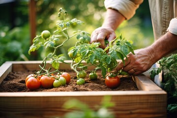 Farmer planting tomatoes in a wooden box in the garden. Selective focus.