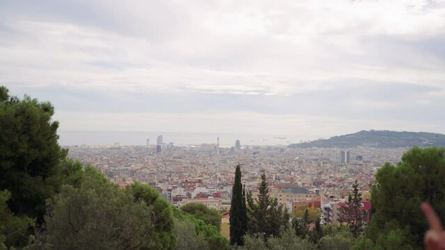 overview of barcelona with trees ahead on a cloudy day