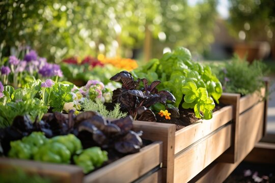 Organic vegetable garden in a wooden box. Fresh garden herbs.
