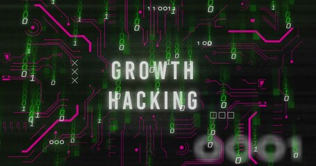 Animation of growth hacking text with binary codes and circuit board pattern over black background - Powered by Adobe