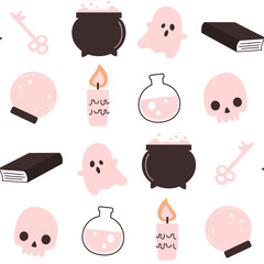Cute hand drawn funny cartoon halloween seamless vector pattern background illustration with ghosts, cauldrons, candles, skulls, books and other witchy elements