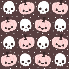 Cute hand drawn cartoon halloween pink spooky pumpkins and skulls seamless vector pattern background illustration for fall holidays