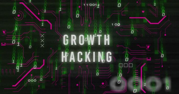 Animation of growth hacking text with binary codes and circuit board pattern over black background