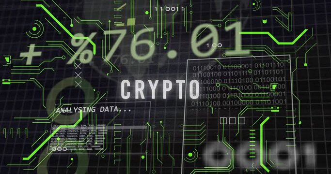Animation of crypto text with binary codes, changing numbers and globe over black background