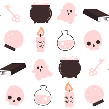 Cute Hand Drawn Funny Cartoon Halloween Seamless Vector Pattern Background Illustration With Ghosts, Cauldrons, Candles, Skulls, Books And Other Witchy Elements