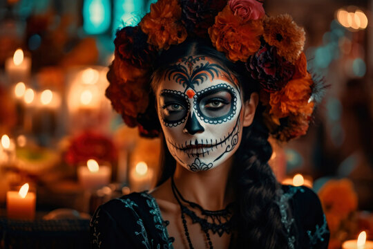 Portrait of young woman with la Catrina makeup for Day of The Dead