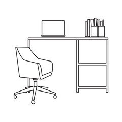 Workplace illustration icon in outline style, Office workspace desk icon. Computer table with folders and book line and glyph version, linear, filled vector sign and full pictogram symbol.