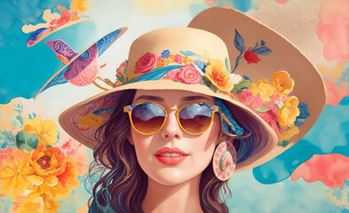portrait of a woman wearing sunglasses and hat watercolour illustration travel concept illustration