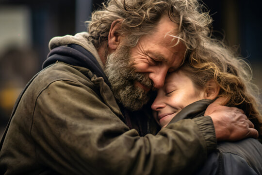 Uniformly staged images of a warm and comforting hug, full of love.