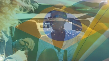 Animation of flag of brazil over diverse friends talking and enjoying drinks while sitting in car - Powered by Adobe
