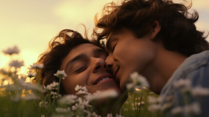 Gay men couple in flowers field lying on grass , young homosexual persons in love smiling head to head in flowers