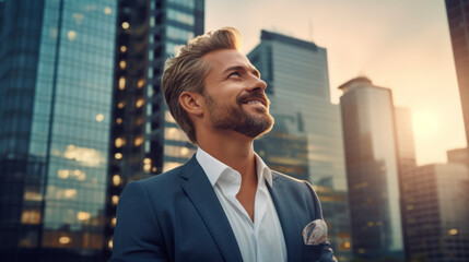 Fototapeta premium Happy wealthy rich successful caucasian businessman standing in big city modern skyscrapers street on sunset thinking of successful vision, dreaming of new investment opportunities
