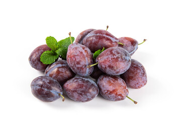 ripe plum prunes fruit isolated on white background.