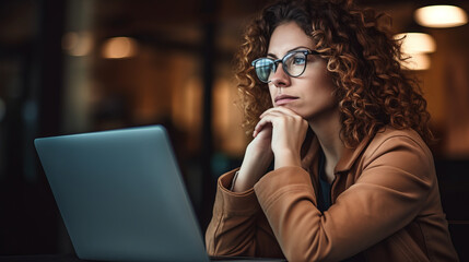 Pensive professional woman thinking at work in front of her laptop computer
