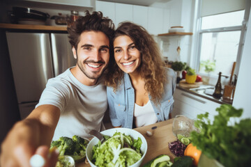 Selfie picture of young happy couple preparing healthy salad meal in their kitchen at home - Powered by Adobe
