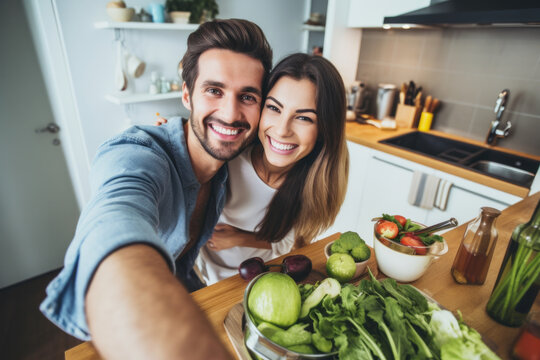 Selfie picture of young happy couple preparing healthy salad meal in their kitchen at home