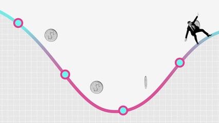Professional ups and downs. Businessman sliding edfinancial arrow going up and down. Analytics. Stop motion, animation. Concept of business, professional challenges, ambitions, office, career, ad