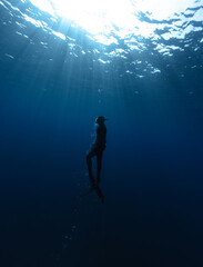 Fototapeta na wymiar Freediver Swimming in Deep Sea With Sunrays.