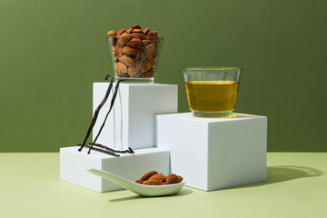 Skin care and body care concept - almonds, almond oil