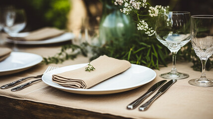 Table decor, holiday tablescape and dinner table setting in countryside garden, formal event decoration for wedding, family celebration, English country and home styling