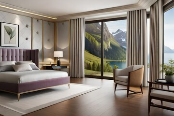a master bedroom, where lilac silk curtains frame a picturesque view, evoking a sense of tranquility
