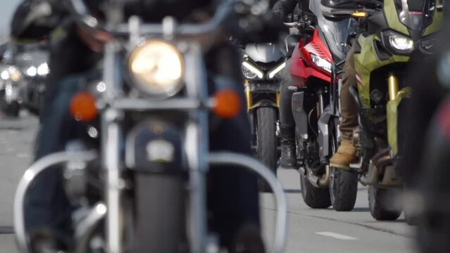 4K - Motorcycles traffic jam. Close-up