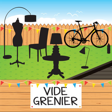 Vide-grenier. Illustration vectorielle color&eacute;e dans jardin particulier avec diff&eacute;rents objets &agrave; la vente. 