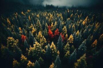 Fototapeta na wymiar Aerial top view autumn forest with green, red and yellow trees, drone photo