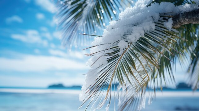 Green leaf tropical palm trees in snow against the blue sky. Christmas winter tale. Global climate change.