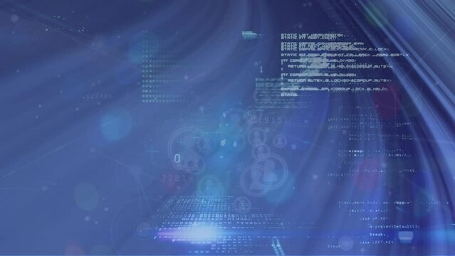Animation of profile icons, binary codes and computer language over abstract background