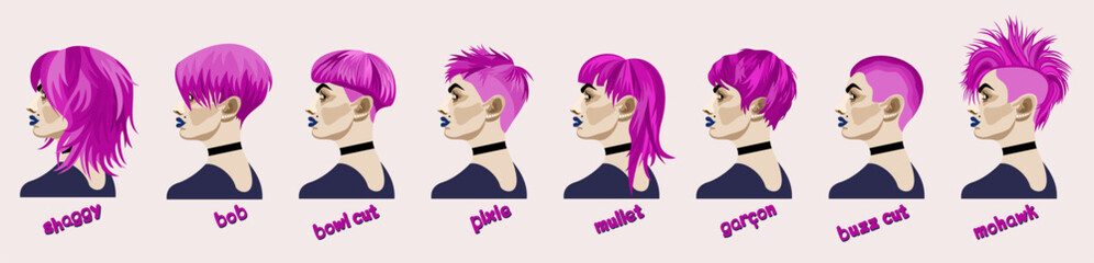 Woman's various hairstyles. Shaggy, bob, bowl cut, pixie, mullet, garcon, buzz cut, mohawk. Vector collection isolated on white background.