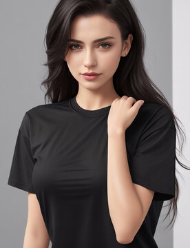 portrait of a woman in black t-shirt mockup 